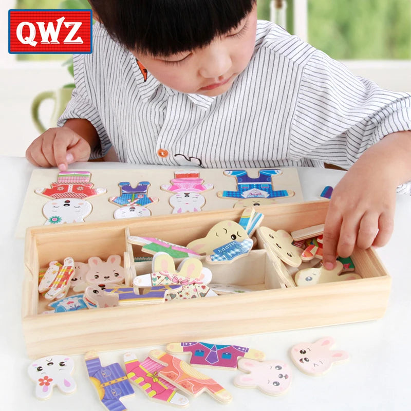 QWZ Little Bear Change Clothes Children's Early Education Wooden Jigsaw Puzzle Dressing Game Baby Puzzle Toys For Children Gift