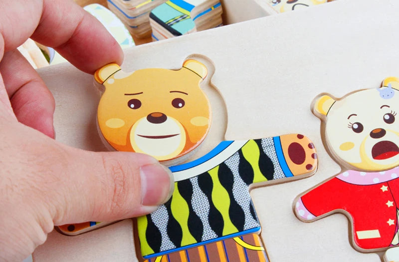 QWZ Little Bear Change Clothes Children's Early Education Wooden Jigsaw Puzzle Dressing Game Baby Puzzle Toys For Children Gift