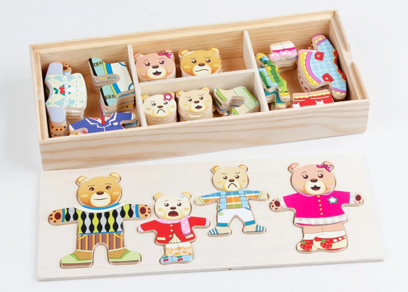 QWZ Little Bear Change Clothes Children's Early Education Wooden Jigsaw Puzzle Dressing Game Baby Puzzle Toys For Children Gift
