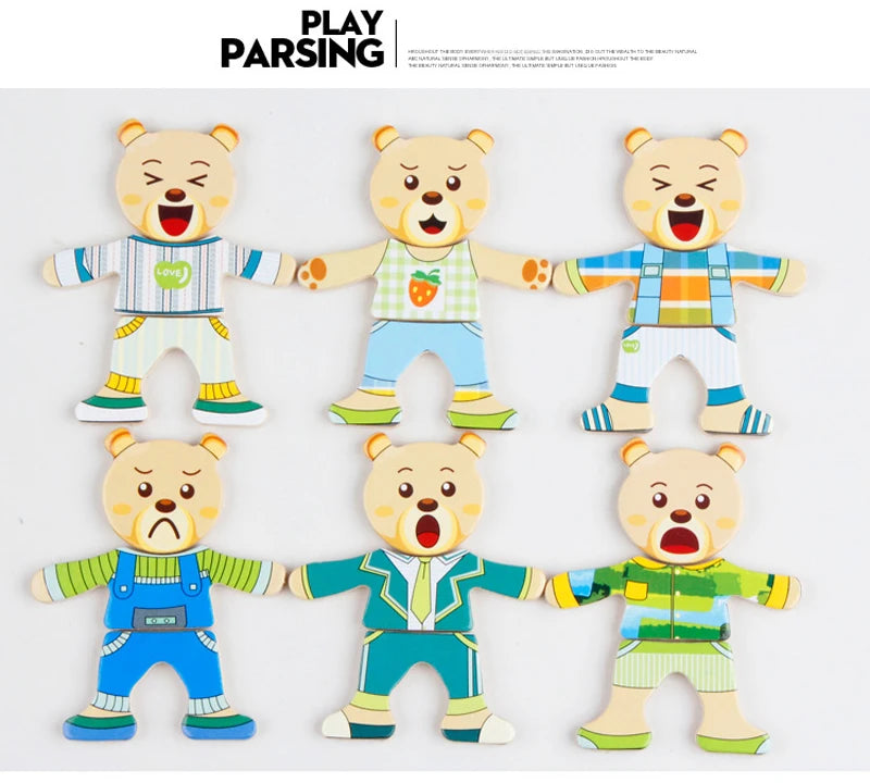QWZ Little Bear Change Clothes Children's Early Education Wooden Jigsaw Puzzle Dressing Game Baby Puzzle Toys For Children Gift