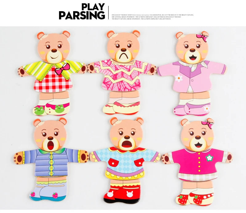 QWZ Little Bear Change Clothes Children's Early Education Wooden Jigsaw Puzzle Dressing Game Baby Puzzle Toys For Children Gift
