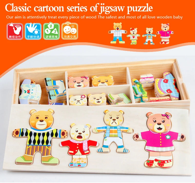 QWZ Little Bear Change Clothes Children's Early Education Wooden Jigsaw Puzzle Dressing Game Baby Puzzle Toys For Children Gift