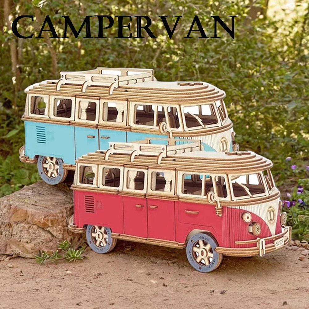 3D Wooden Car Puzzle Retro Bus European Style Campervan DIY Assembly Model Kit Educational Toy for Children Kids Home Decoration