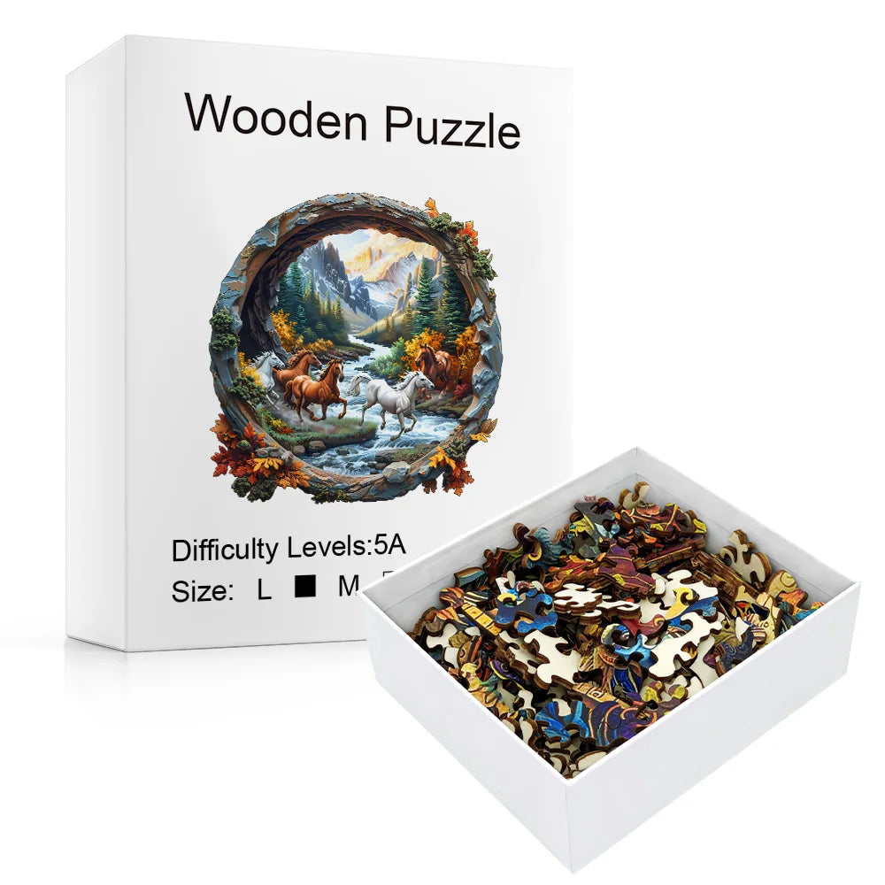Forest and Horse Wooden Puzzles, Exquisite Paper Box Packaging, Shaped Puzzle Toys, Unique Adult Stress Relief Gifts, Irregular