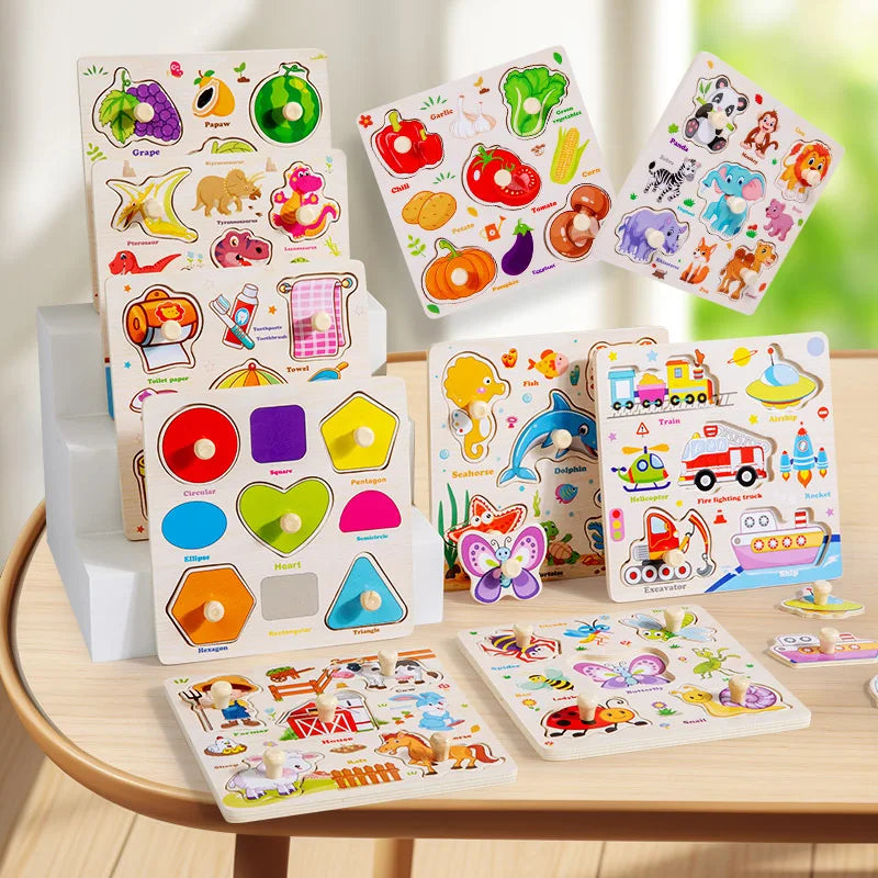 Baby Wooden Puzzles Montessori Toys 1 2 3 Years Toddler Toys Hand Grab Board Alphabet Number Cognition Learning Educational Toys