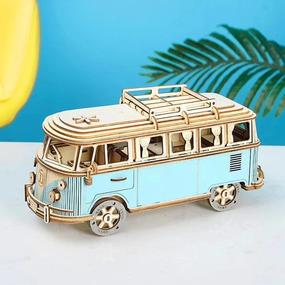 3D Wooden Car Puzzle Retro Bus European Style Campervan DIY Assembly Model Kit Educational Toy for Children Kids Home Decoration