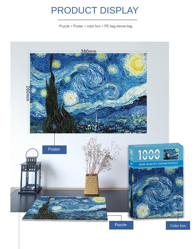 MaxRenard Mini Jigsaw Puzzle 1000 Pieces for Adults Van Gogh The Starry Night Environmentally Friendly Paper Christmas Gift Toy