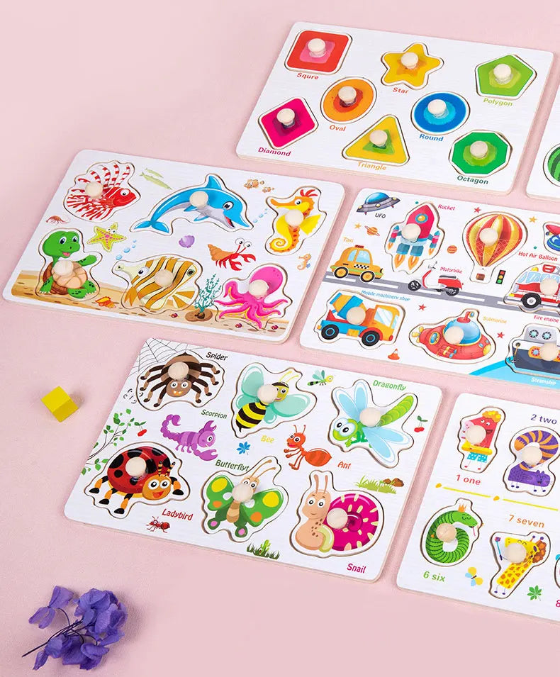 Baby Wooden Puzzles Montessori Toys 1 2 3 Years Toddler Toys Hand Grab Board Alphabet Number Cognition Learning Educational Toys