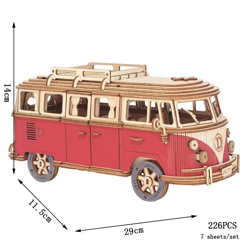 3D Wooden Car Puzzle Retro Bus European Style Campervan DIY Assembly Model Kit Educational Toy for Children Kids Home Decoration