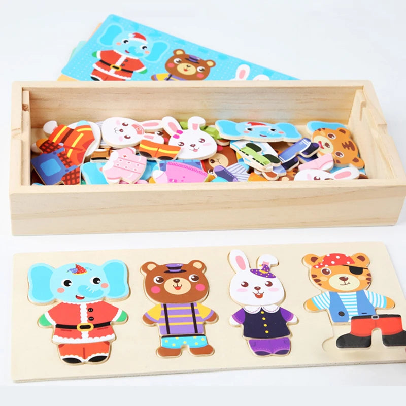 QWZ Little Bear Change Clothes Children's Early Education Wooden Jigsaw Puzzle Dressing Game Baby Puzzle Toys For Children Gift