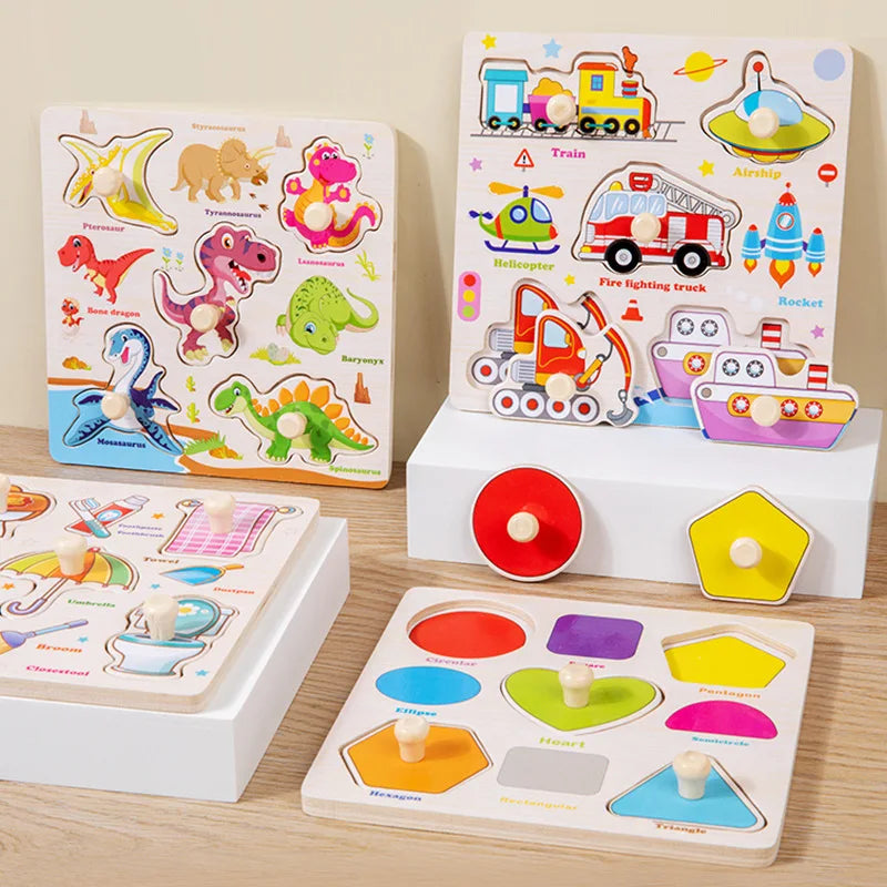 Baby Wooden Puzzles Montessori Toys 1 2 3 Years Toddler Toys Hand Grab Board Alphabet Number Cognition Learning Educational Toys
