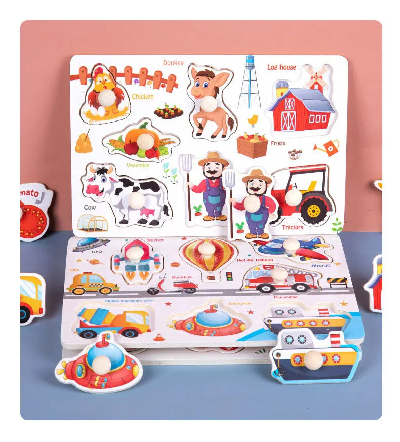 Baby Wooden Puzzles Montessori Toys 1 2 3 Years Toddler Toys Hand Grab Board Alphabet Number Cognition Learning Educational Toys