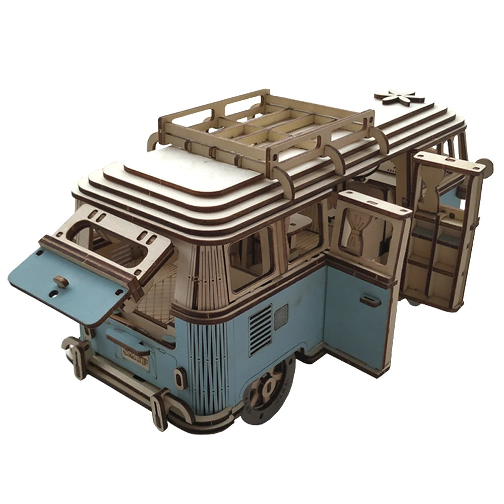 3D Wooden Car Puzzle Retro Bus European Style Campervan DIY Assembly Model Kit Educational Toy for Children Kids Home Decoration