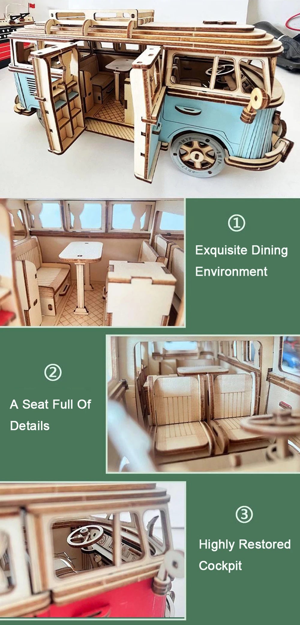 3D Wooden Car Puzzle Retro Bus European Style Campervan DIY Assembly Model Kit Educational Toy for Children Kids Home Decoration