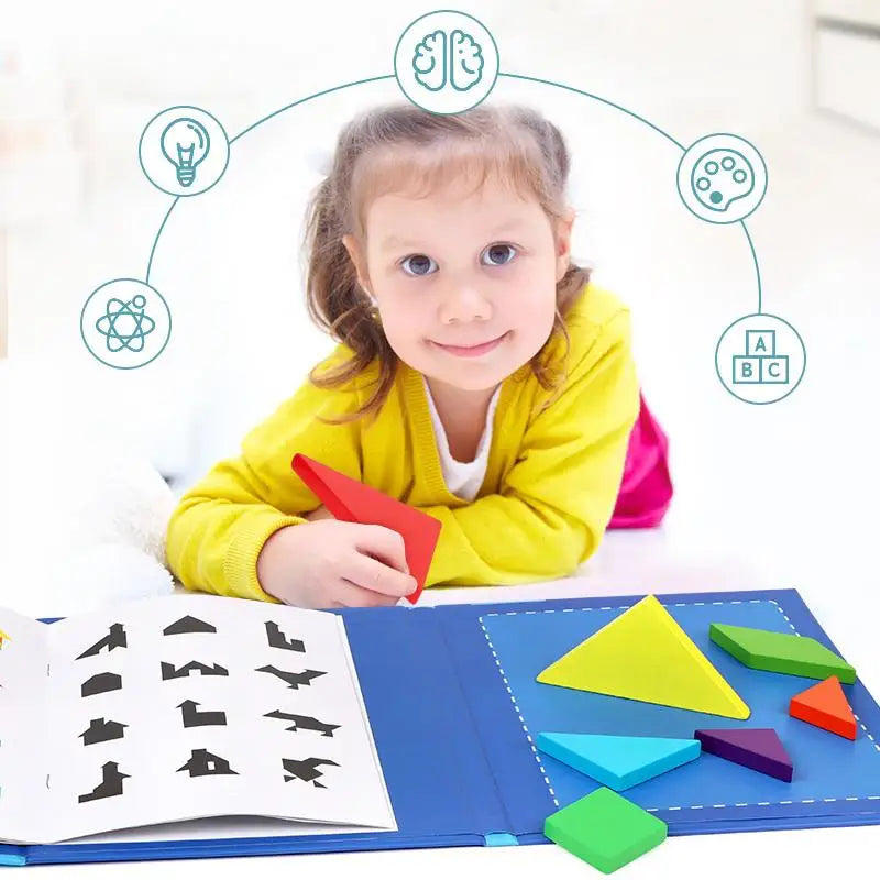 Wooden Magnetic Tangram Puzzle Book for Kids | Educational Travel Puzzle Toy