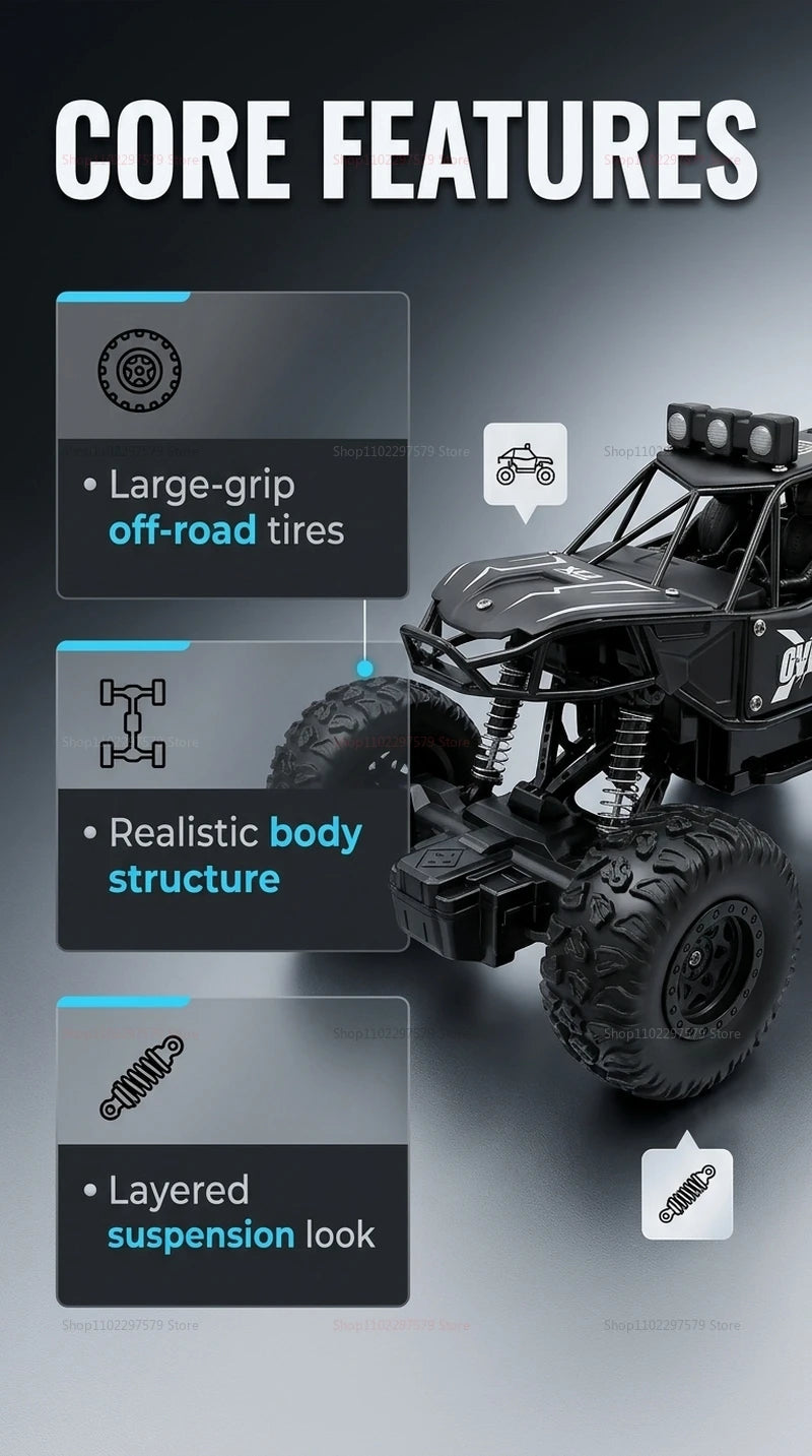 2WD RC Monster Truck with Spray & LED Light 2.4GHz Off-Road Remote Control Cars High Speed Climbing Vehicle Toys for Kids Adults