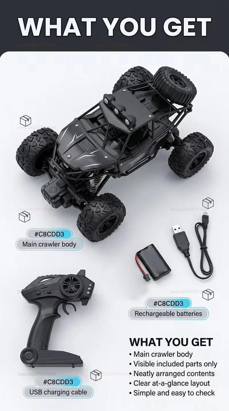 2WD RC Monster Truck with Spray & LED Light 2.4GHz Off-Road Remote Control Cars High Speed Climbing Vehicle Toys for Kids Adults
