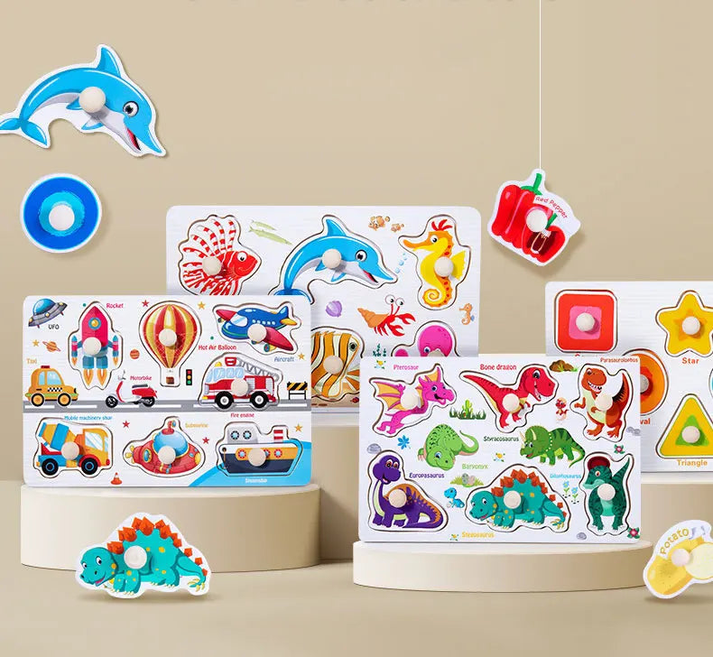 Baby Wooden Puzzles Montessori Toys 1 2 3 Years Toddler Toys Hand Grab Board Alphabet Number Cognition Learning Educational Toys