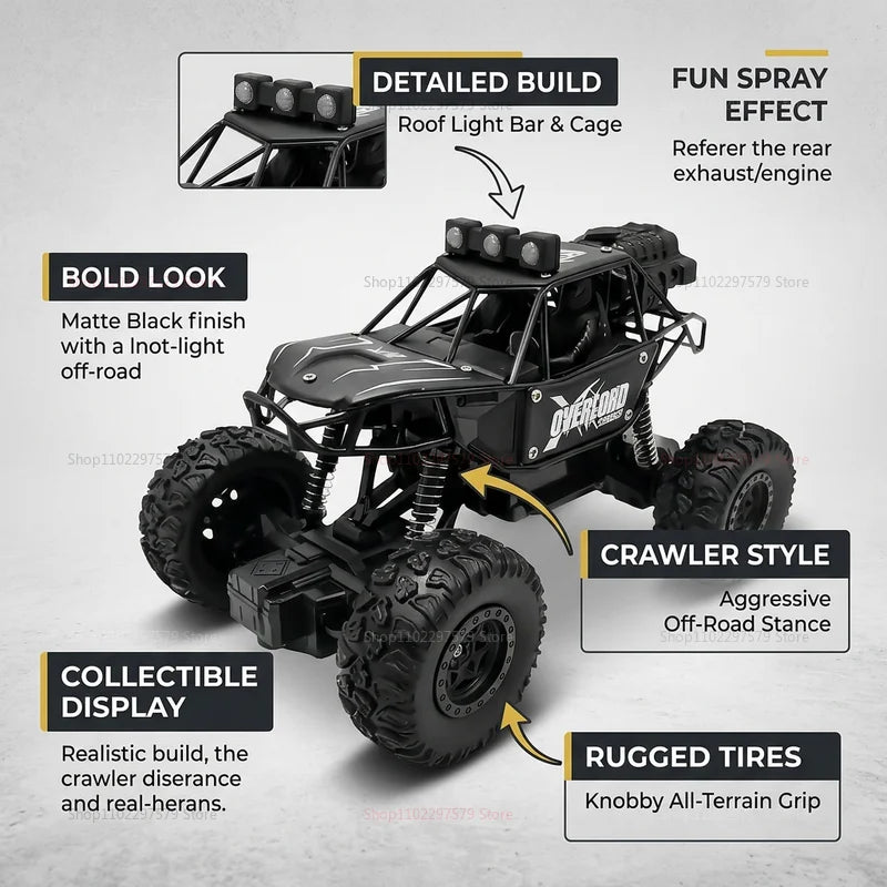 2WD RC Monster Truck with Spray & LED Light 2.4GHz Off-Road Remote Control Cars High Speed Climbing Vehicle Toys for Kids Adults